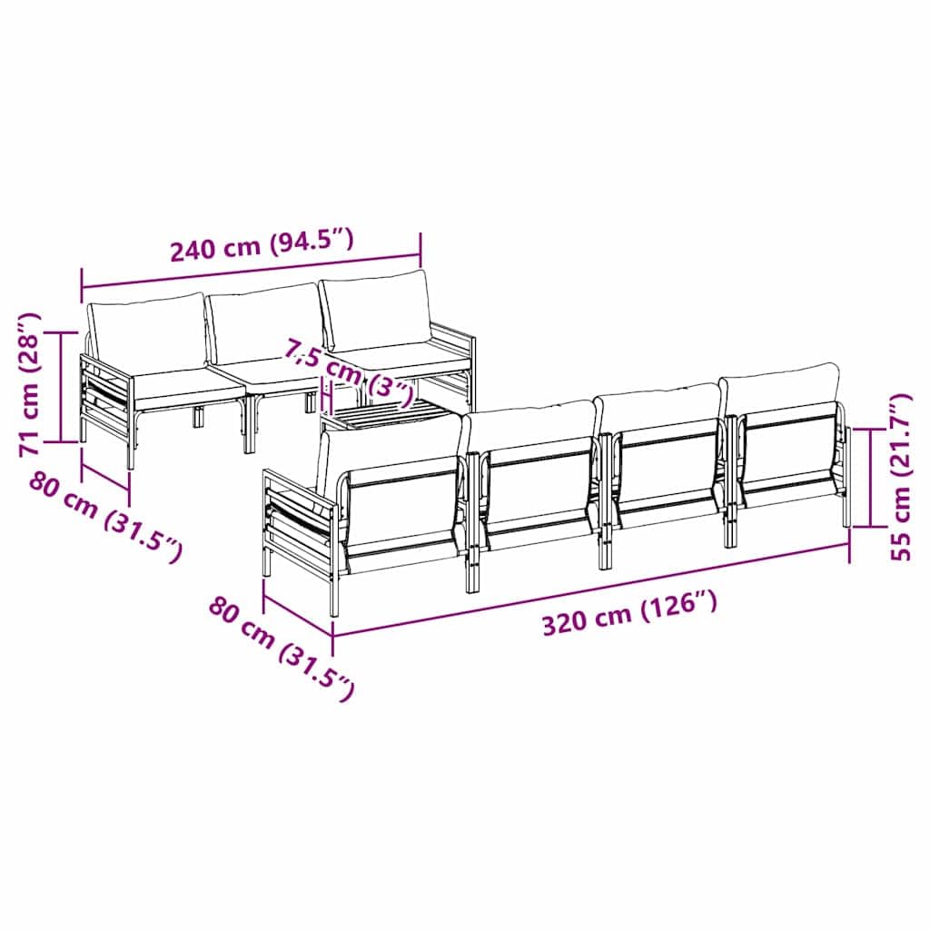 Conjunto jardín Mueble Exterior terraza Patio Comedor sofá Modular con cojín Negro Acero 8 pcs para reunión Ocio Barbacoa Piscina Porche Relax Resistente