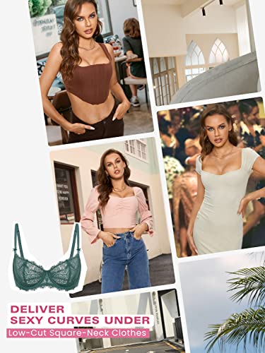 Image of DOBREVA Women's Balconette Sexy Unlined Bra Lace Push Up Plus Size Bras See Through Underwire