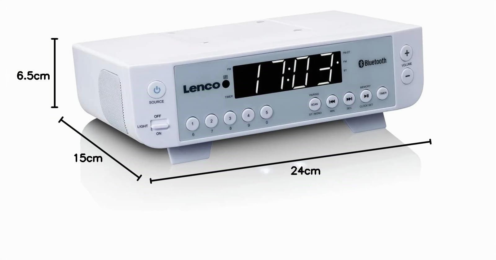 Lenco KCR-100 - Radio de Cuisine - Radio intégrée avec Bluetooth - récepteur FM PLL - mémoire 5 Stations - éclairage LED - 2 x 1 Watt RMS - Horloge avec Fonction minuterie - télécommande - Blanc