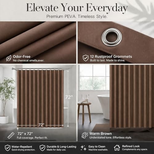Image of EHZNZIE Brown Shower Curtain Liner 72x72, PEVA Waterproof Bath Curtain, No Chemical Smell, 3 Weighted Magnets, Durable with Rustproof Metal Grommets