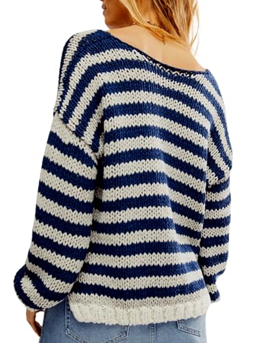 Women's Oversized Striped Sweater Casual V Neck Long Sleeve Color Block Pullover Fall Knit Loose Top4