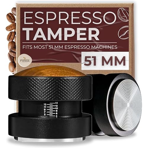 51mm Tamper for Expresso Coffee Machines - Espresso Accessories fit 51 mm Portafilter - Spring Loaded Leveler Tool - Calibrated Stainless Steel Hand Press for Home Barista by Foodi Essentials, Black