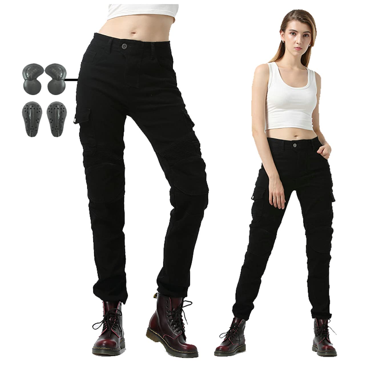 Donna Pantaloni Da Moto Jeans Stretch Multitasche Protettivi Denim Moto Pantaloni Anticaduta Biker Motociclista Pantalone Con 2 Protezioni Ginocchia E 2 Protettori Anca (Black,XXS)