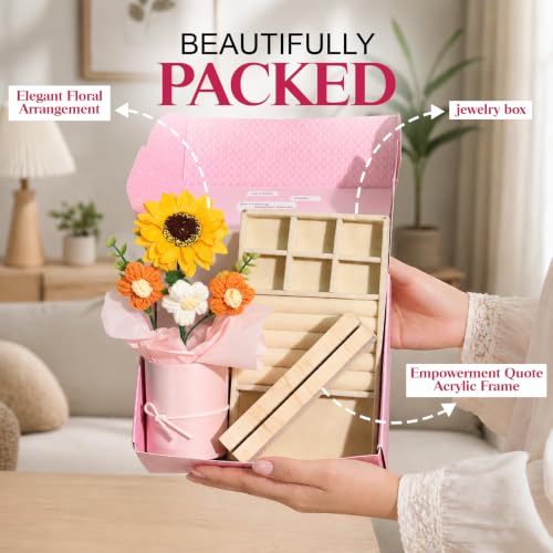 Image of Art Street Rakshabandhan Gift Hamper for Sister with Elegant Crochet Flower Bouquet in Pink Pot, Acrylic Frame with Quote & Velvet Lined Jewelry Box