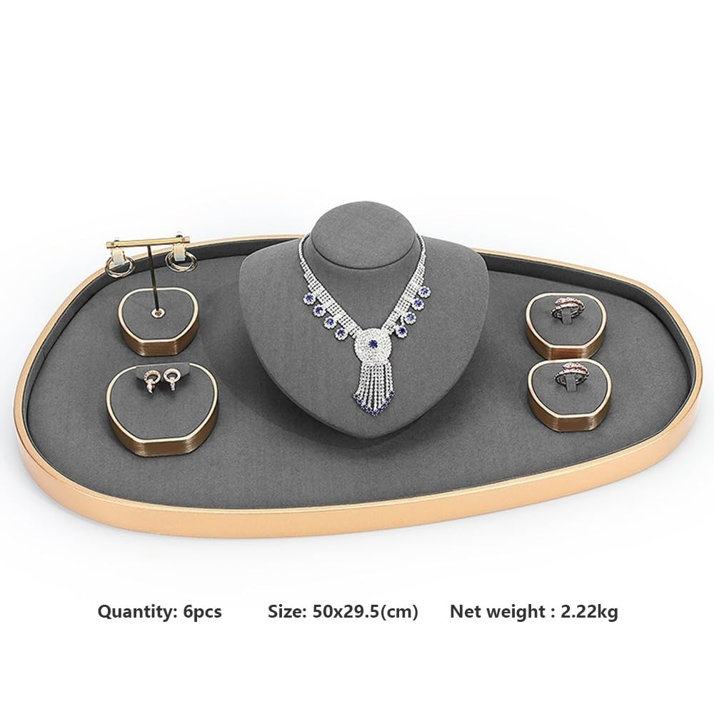 YCTTKDD Tenedores múltiples del Equipo de la Bandeja de la exhibición de la joyería del Terciopelo Gris del Borde del Oro