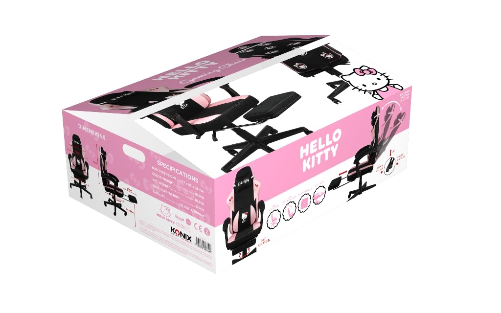 Konix Hello Kitty Gaming Bürostuhl - Sitzneigung 150° - Stoffbezug - Holz- und Metallgestell - Kissen - Fußstütze - Schwarz und Pink