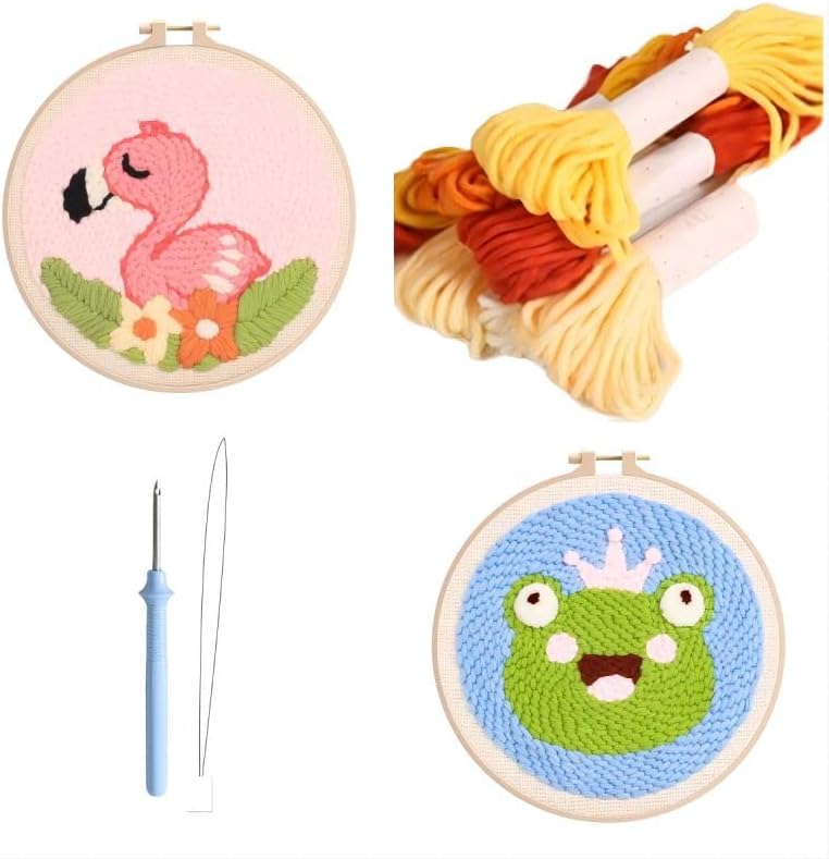 2 Pack Punch Needle Embroidery Starter Kits for Kids and Adults Beginners with Punch Needle Tool,Threader, Stamped Fabric Embroidery,Hoop,Pen, Flamingo & Frog Punch Needle Kits