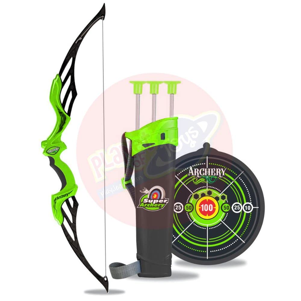 Planet of Toys Super Archery Bow and Arrow Set with Dart Target Board, Colourful with 3 Suction Cup Tip Arrows - Green