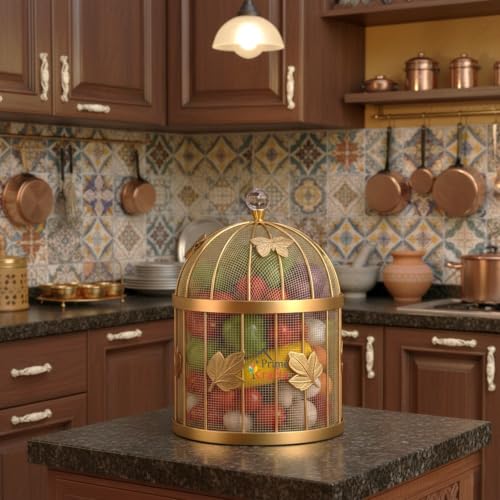 Image of Insect-Resistant Fruit and Vegetables Basket with Lid | Decorative Mesh (Jaali) Fruits and Vegetables Holder for Home and Kitchen - Gold