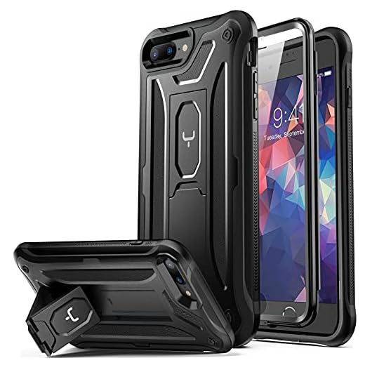 YOUMAKER iPhone 8 Plus Case, iPhone 7 Plus Case, Built-in Screen Protector Kickstand Full Body Heavy Duty Shockproof Cover for iPhone 8 Plus & iPhone 7 Plus 5.5 inch - Black