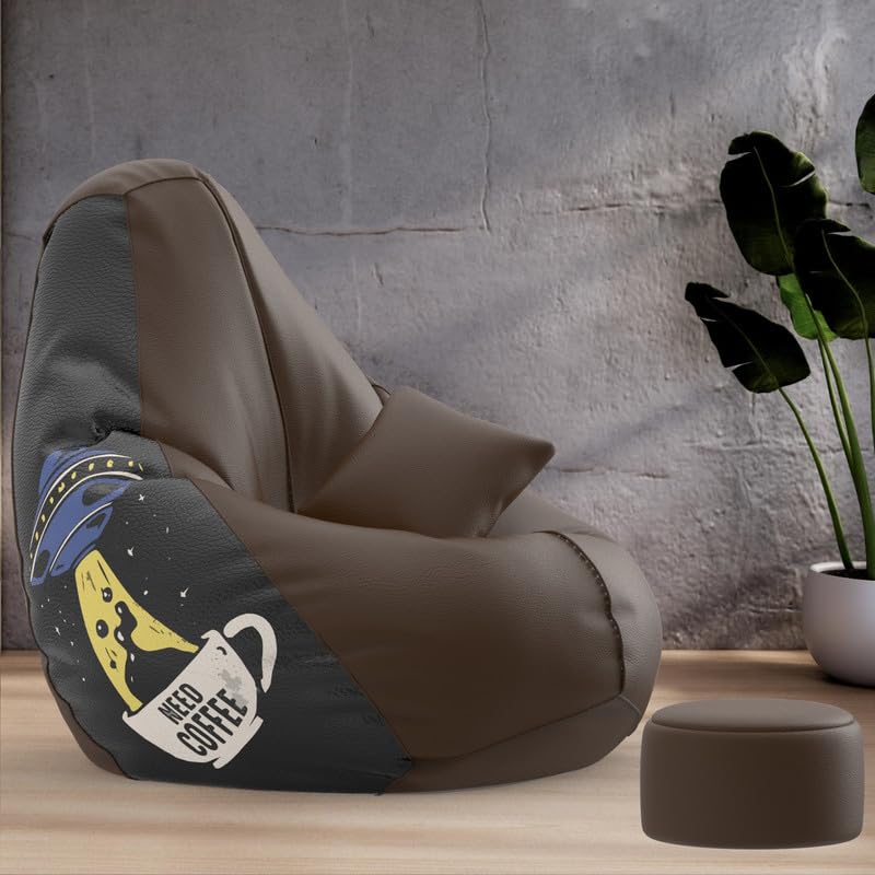 Image of Biggie Bean Bag with Beans Filled XXXXL Bean Bag with Free Cushion and Footrest - Official : PrintZen Combo (Matching Color : Printed, Need Coffee-Brown)