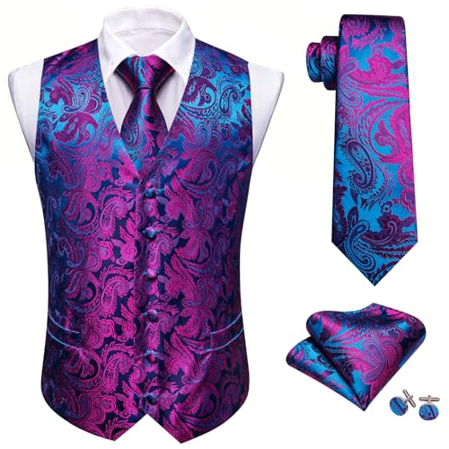 Barry.Wang Men's V-Neck Suit Vest Solid Paisley Waistcoat Silk Tie Hanky Cufflink Clip Set Wedding Party Business Formal4