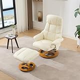 LAKFEW Relaxsessel mit Hocker, Sessel Wohnzimmer mit Massage und Wärmefunktion, Fernsehsessel mit 360° Drehbar, Lesesessel Liegesessel, Weiß, PU, 66x46x89 cm