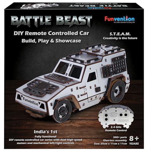 Image of Funvention DIY Battle Beast Remote Controlled Car Kit | Build & Race Wooden RC Car Model | Glue-Less Assembly | Dual Motors, 2.4GHz Remote, Rechargeable Battery | STEM Learning Toy for Kids 8+