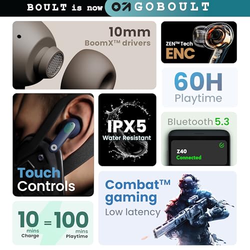 GOBOULT Z40 True Wireless in Ear Earbuds with 60H Playtime, Zen™ ENC Mic, Low Latency Gaming, Type-C Fast Charging, Made in India, 10mm Rich Bass Drivers, IPX5, Ear Buds TWS (White) view 2