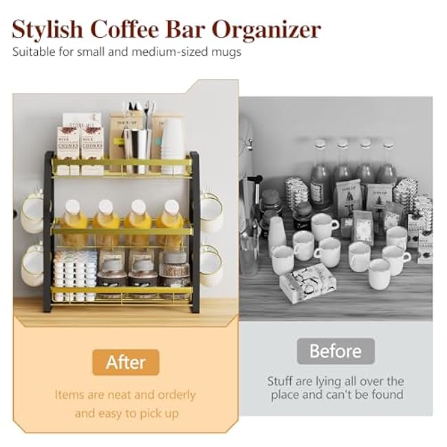 3 Tier Coffee Bar Organizer Gold & Black No-Screw Mounting