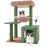 31.50' Cactus Cat Tree for Indoor Cats with Cat Condo and Scratching Post,Cute Cat Tower with Self-Grooming Brush and Toy Balls,Green