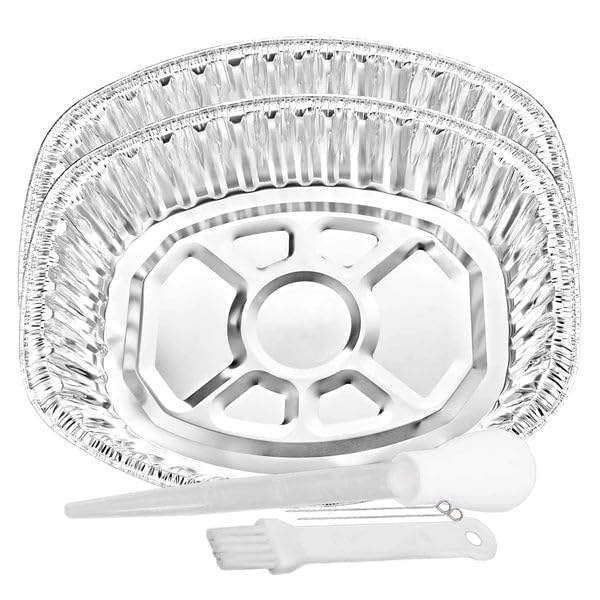 Nicole Fantini Disposable & Durable Extra Large Oval Turkey Roaster Aluminum Pan For Thanksgiving - 100% Recyclable : Perfect for Baking & Roasting - Along With One Free 3pcs of Basting Set : 2 Pans