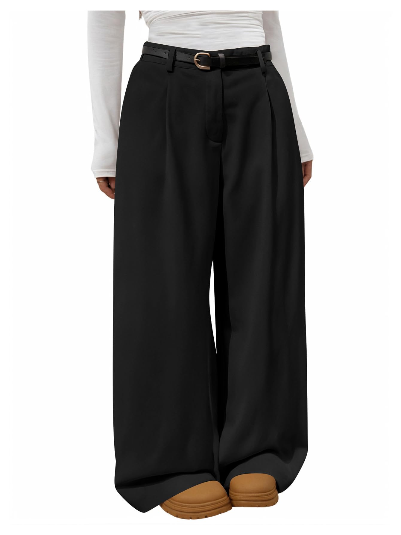 Womens Wide Leg Dress Pants High Waisted Pleated Business Casual Flowy Trousers with Belt