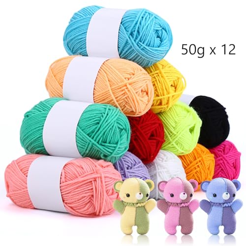 12X 50g Double Knitting Yarn 100% Acrylic Knitting Colourful DK,Perfect for Any Crochet and Knitting Mini Project,Knitting Wool Crochet, Ideal for Beginners, Kids Crafts