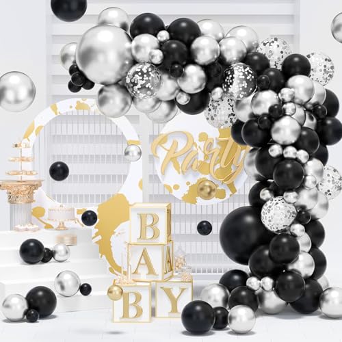 Image of 100pcs Black and Silver Balloons 12 Inch Metallic Silver and Black latex Party Balloons for Birthday Graduation Engagement New Year's Eve Party Decorations
