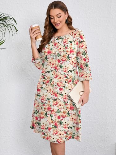 Image of AusLook Women's Plus Midi Dresses Crew Neck A Line 3 /4 Sleeves Casual Elegant Loose Wedding Vacation Dress with Pockets