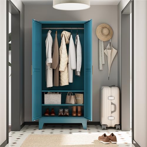 Image of Metal Wardrobe Closet with Doors and Shelves, 71 inch Farmhouse Bedroom Armoire with Hanger Rod and Clothing Shelf, White Steel Wardrobe Cabinet Storage Clothes Closet
