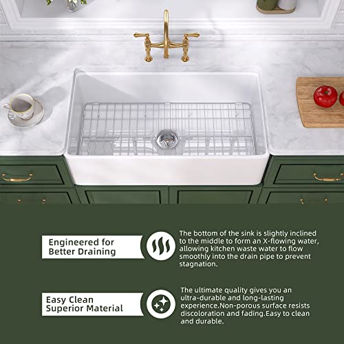 Tuktuk White Farmhouse Sink 33 Inch Fireclay Apron Front Single Bowl Kitchen Sink Deep Drop In Farm Sink Undermount With Custom Bottom Grid & Strainer Drain #TOP5