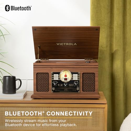 Image of Victrola Quincy - 6-in-1 Bluetooth Record Player - Walnut | Plays vinyl, CD, cassette and FM radio through built-in stereo speakers, Bluetooth and aux streaming, headphone jack