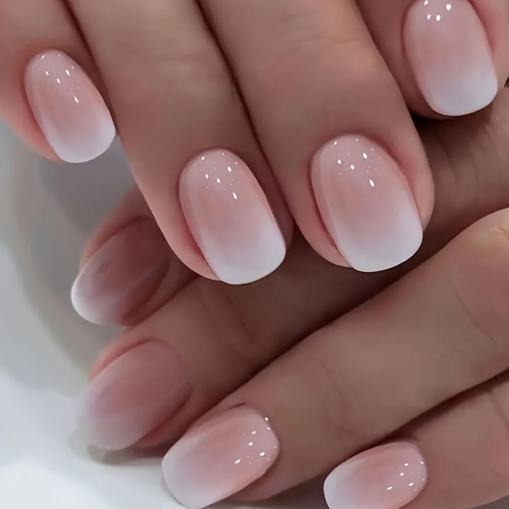 24 Stück Press On Nails Kurz – Rosa Nude Gradient, Square-Design, Künstliche Nägel