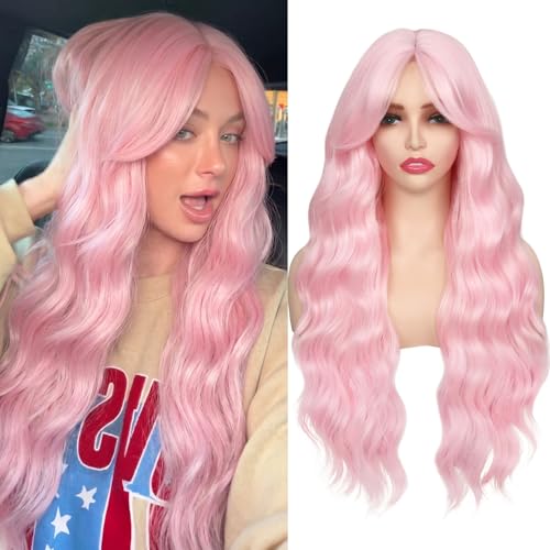 Perruque rose longue ondulée 66 cm frange rideau Halloween