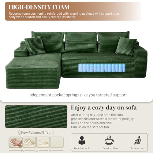 Image of 108 inch L Shaped Cloud Boneless Sectional Couches for Living Room, Modern Comfy Modular Deep Seat Memory Foam Compressed Corduroy Sofa Oversized Left Facing Chaise, No Assembly Required, Green