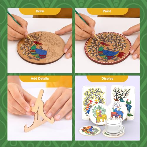 Image of Kores Gond Art Kit for Kids | DIY Indian Folk Art Painting Kit | 4 Illustrated Coasters + 2 Wall Hangers + Stands | Acrylic Colours, Sketch Pens, Brushes & Manual |