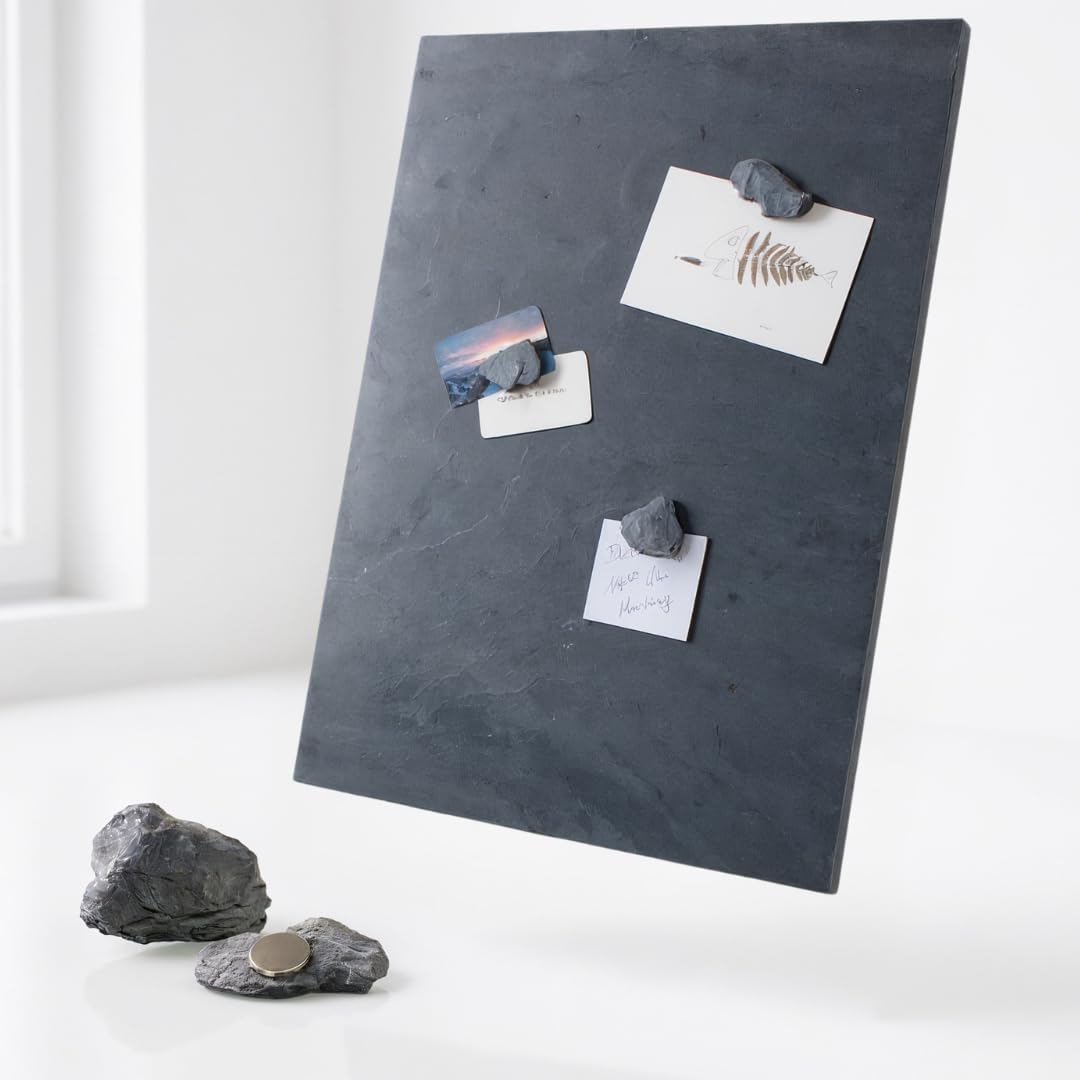 Magnettafel Schiefer 4 In 1 (Magnetwand+Kreidetafel+Pinnwand) Naturstein Magnetboard inkl 1 x Steinmagnet und 1x Kreidestück in verschiedenen Steinarten und Größen (Grey Impact, 80cm x 61cm)