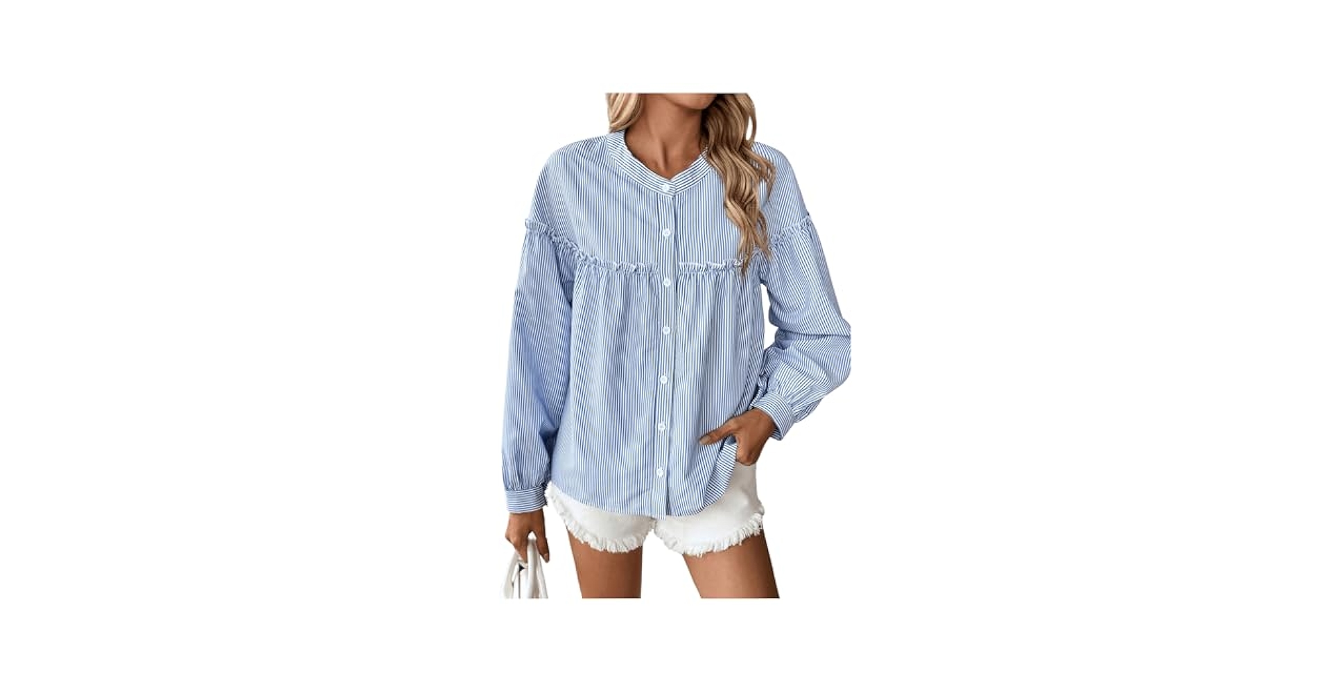 トップス MAISON SPECIAL Edge Ruffle Shirt MakeMeChic Women's Striped Long Sleeve Shirt Crew Neck