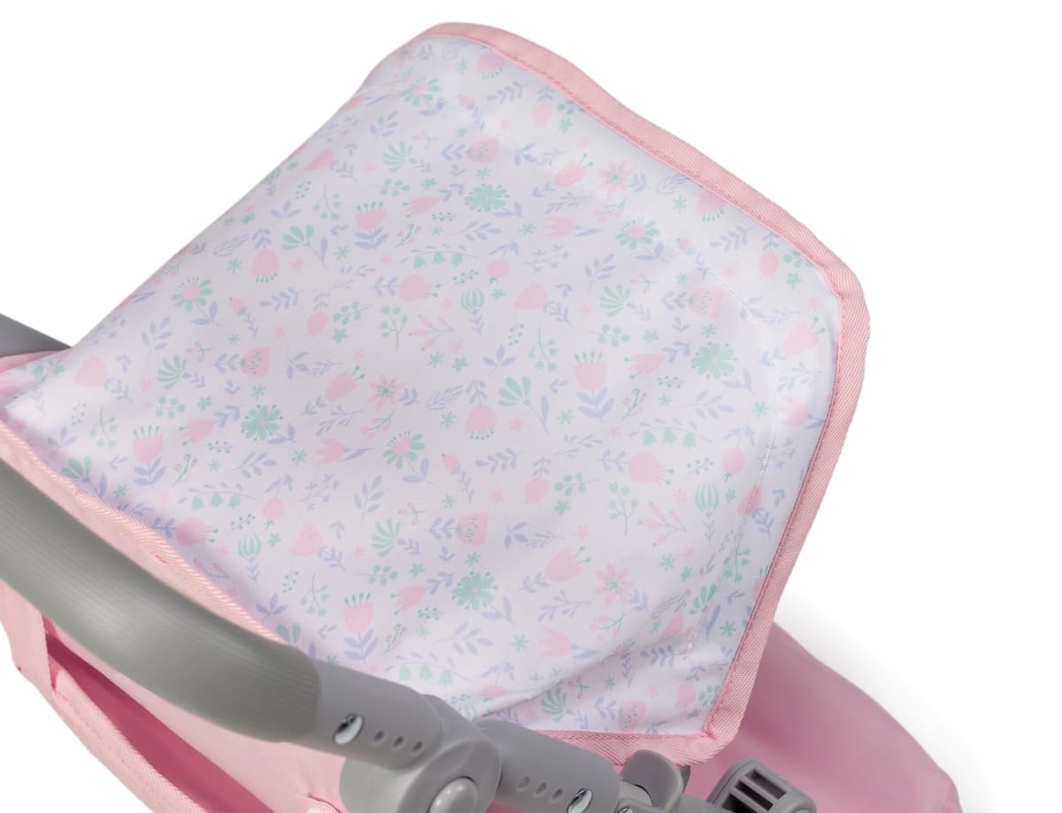 JC Toys - Passeggino pieghevole, per bambole fino a 45 cm, ideale per giocare e passeggiate, rosa con decorazione floreale, progettato da Berenguer, +3 anni