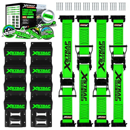 XSTRAP STANDARD Wheel Chock E-Track Tie Down Straps Kit 4 Pack 2 x 9FT Over-The-Tire Ratchet Straps with Steel Wheel Chocks 1466 lbs WLL for ATV UTV Lawn Mower Trailer Hauling Green