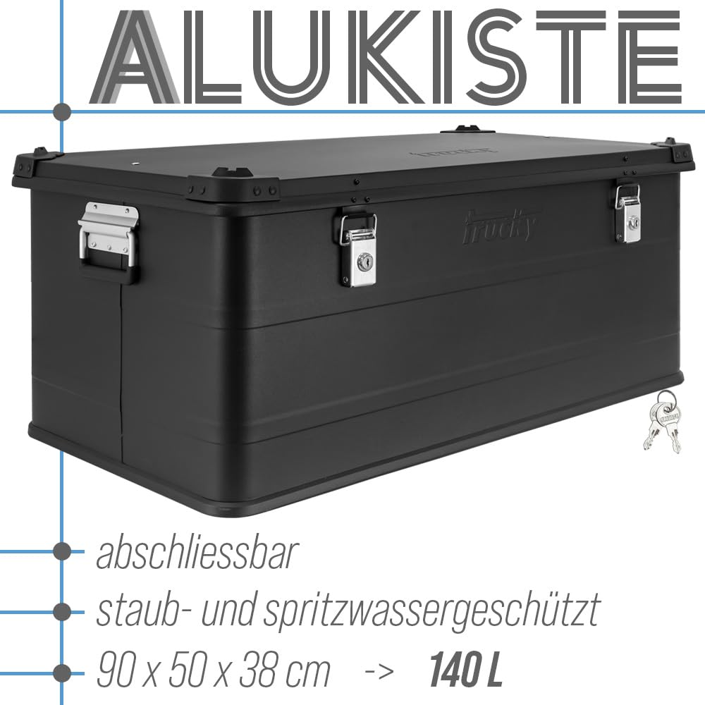 Trucky Aluminiowa skrzynka z pokrywką, czarna, aluminiowa skrzynka, 140 l, metalowe pudełko do przechowywania, zamykane
