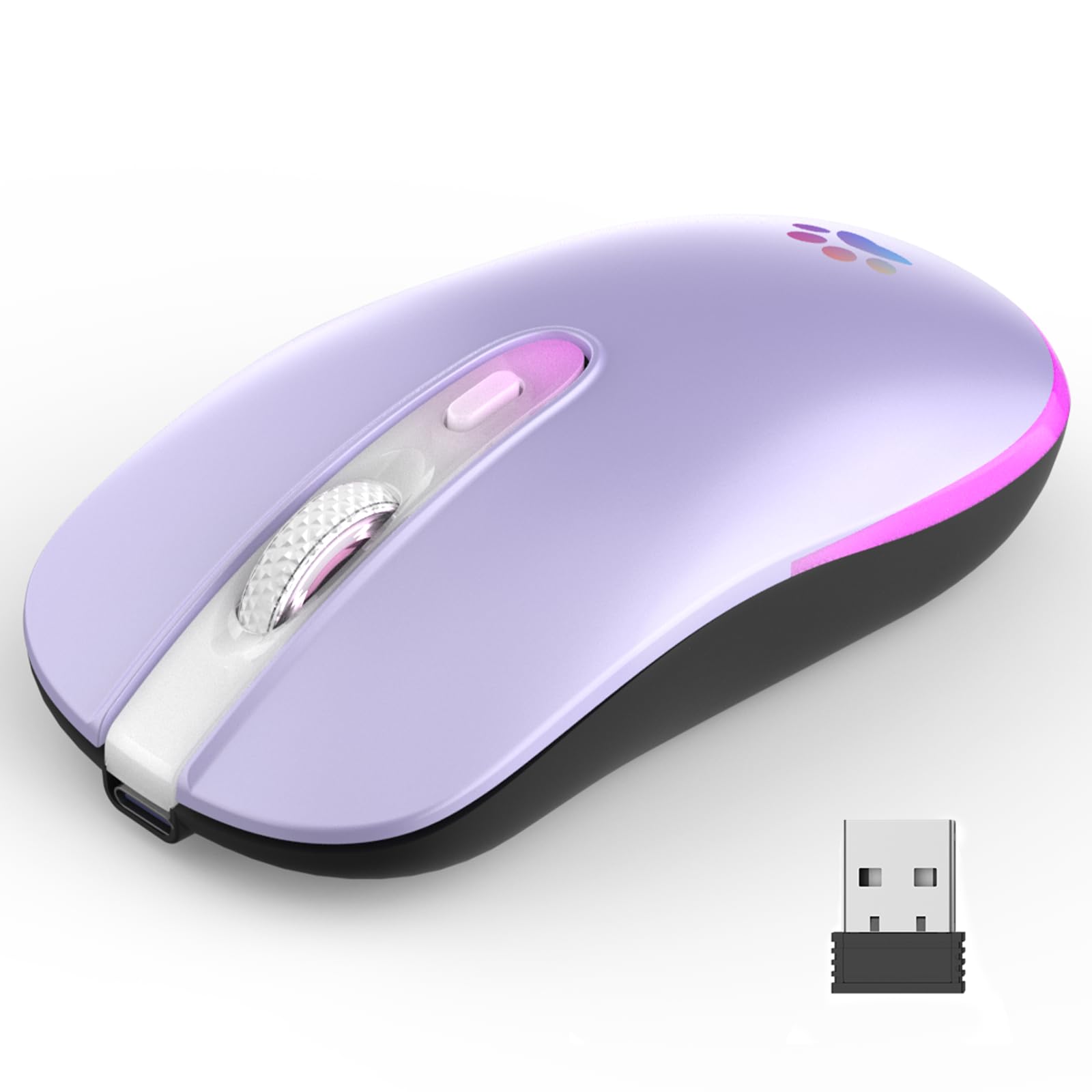 Wireless Mouse, 2.4G & Bluetooth Mouse for Laptop Slim Silent Mice with USB Receiver, 7 Color Backlit LED, 1000/1200/1400/1600 DPI Optical Computer Mice, Compatible with PC, Mac, Laptop, Purple — view 9