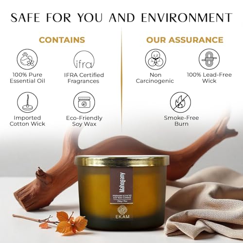 Image of EKAM 3 Wick Soy Wax Scented Candle | Mahogany Fragrance | 35 Hr Burn | Long Lasting Premium Jar Candle for Home Decor, Relaxation & Gifting