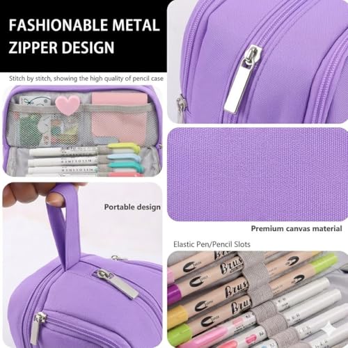 Image of 4 Compartments Pencil Case for Boys,Big Canvas Pen Pouch Bag, Large Capacity Pen Box, Tool Bag for Middle School College Office Organizer for Kids Men Women Adult Teens [Purple Color]