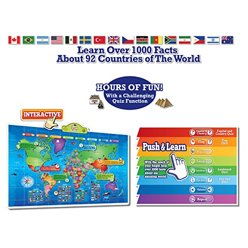 Kids Interactive Talking World Map Touch Activated Geography for Kids, Push-to-Talk Map Learn Over 1000 Facts and Quizzes About 92 Countries World Map Puzzle Game, Fun & Educational