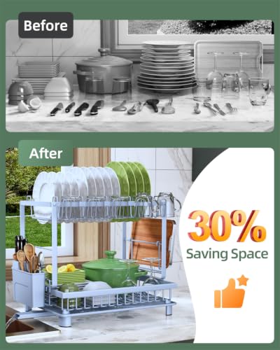 Image of Dish Drying Rack 2-Tier Dish Racks with Drainboard, Rustproof, Space-Saving Dish Rack, Utensil & Cup Holder for Kitchen Counter, Blue