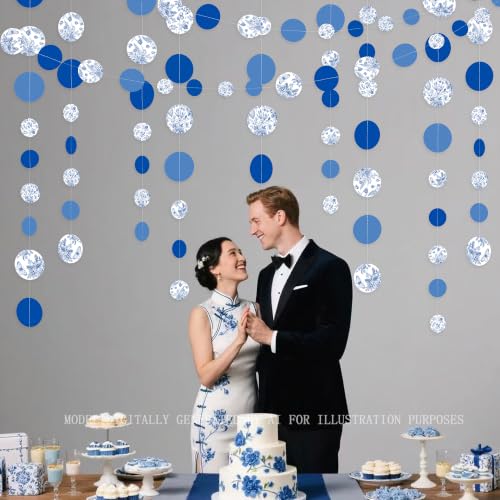 Image of Blue White Floral Party Decoration Dusty Blue Circle Dot with Floral Printed Polka Dots Garland Streamer for Chinoiserie Birthday Wedding Shower Engagement Bachelorette Party Decorations Supplies