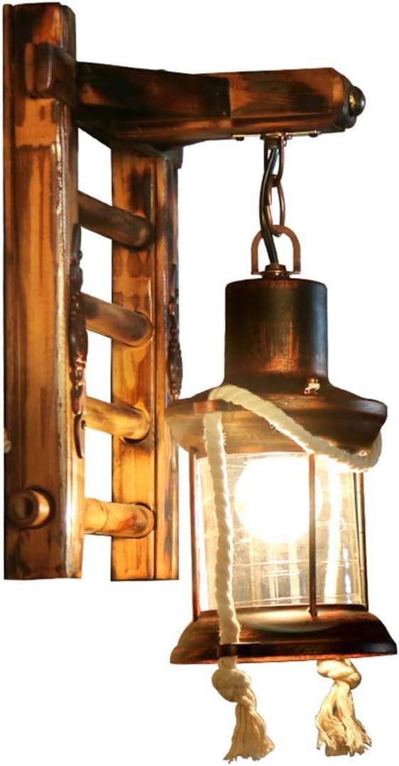 Retro Industrial Wall Sconce Kerosene 1-Light Retro Wooden Wall Lighting with Wood Ladder Glass Shade Antique Metal Farmhouse Wall Lights Indoor Bedroom Rustic Lantern Wall Light Fixture