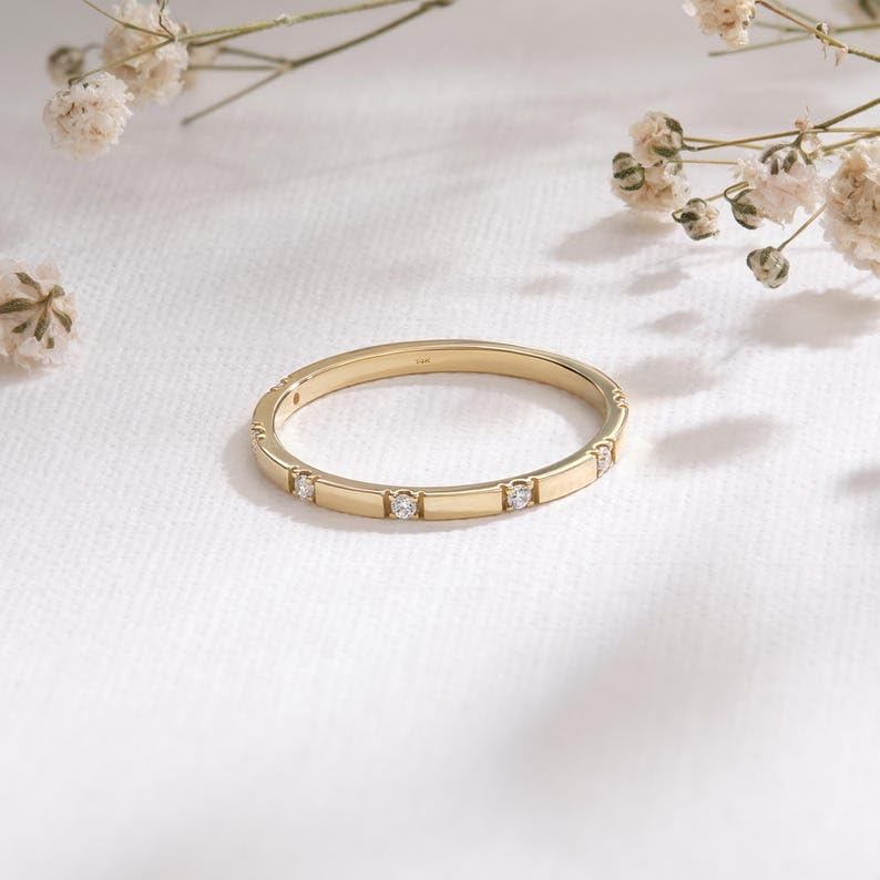 Scatter Diamond Wedding Band 14K Solid Gold 1.5mm, Thin Ten Moissanite Flush Setting Engagement Ring Women, Promising Minimal Stone Ring Her4