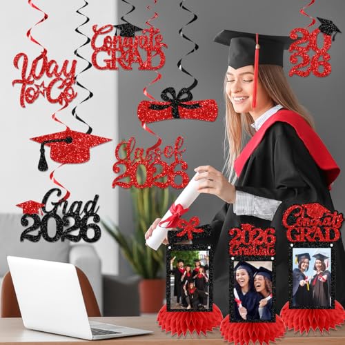 Image of Graduation Decorations 2026 - Red Congrats Grad Party Supplies Include Glitter We are So Proud of You Banner, Hanging Swirls and Honeycomb Centerpieces for Photo Toppers
