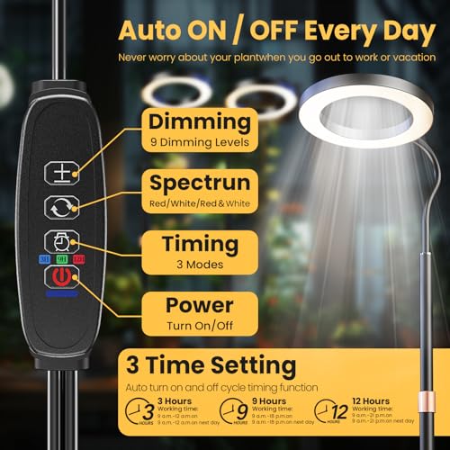 bseah Grow Light, LED Plant Light for Indoor Plants Growing, Full Spectrum Desk Grow Lamp with Pedestal, Automatic Timer for 3H/9H/12H, 10 Dimmable Levels, Height Adjustable