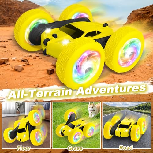 Image of Remote Control Car, Outdoor Toys RC Cars for Kids Ages 6-12, 4WD Double Sided Stunt Vehicle with Upgraded USB-C Modular Batteries, 5 6 7 8 9 10+ Year Old Boy Birthday Yellow