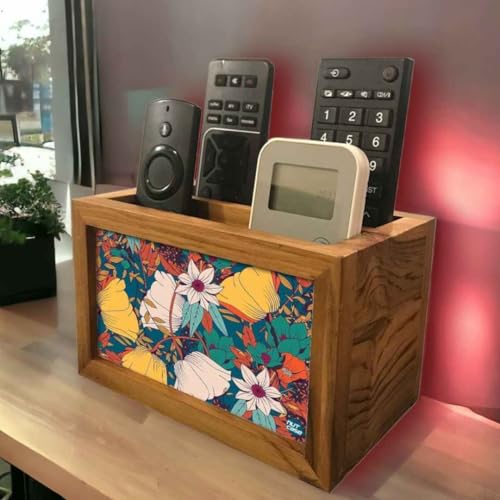 Image of Nutcase Designer Wooden Stationery Remote Stand for Home - Remote Control Holder Organizer Caddy for TV /AC Remotes-Multipurpose Desk Organiser (Teak Wood Floral Design 1), Multicolor